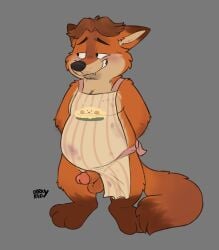 2023 anthro apron balls belly biped blush canid canine clothing disney dorkyrudy erection fox genitals gideon_grey hi_res male male_only mammal moobs orange_body penis slightly_chubby solo zootopia