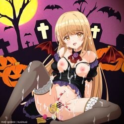 bar_censor bat_(animal) black_thighhighs blonde_hair blush breasts candy censored cum cum_on_body detached_collar female food frilled_thighhighs frills full_moon halloween jack-o'-lantern long_hair looking_at_viewer m_legs medium_breasts mio-morimitsu moon night no_panties object_insertion off-shoulder_shirt off_shoulder open_mouth otonari_no_tenshi-sama_ni_itsu_no_mani_ka_dame_ningen_ni_sarete_ita_ken outdoors pumpkin pussy shiina_mahiru shirt sitting solo spread_legs thighhighs tombstone torn_clothes uncensored vaginal_object_insertion vaginal_penetration yellow_eyes