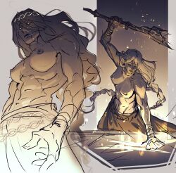1girls artist_signature braided_ponytail breasts breasts_out cracked_skin elden_ring female female_only fromsoftware glowing_eyes goddess hammer headband hi_res killjo-q light-skinned_female light_skin medium_breasts milf nipples queen_marika_the_eternal skirt topless very_long_hair