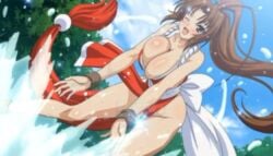 1girls ass big_breasts breasts brown_hair cleavage clothing hips huge_breasts king_of_fighters large_breasts mai_shiranui one_eye_closed queen's_blade queen's_gate screencap shiny_skin thick_thighs thighs wet_skin