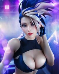 1girls 3d akali akali_jhomen_tethi areola_slip artist_name big_breasts blue_eyes blue_eyeshadow blue_hair bra cleavage earrings eyeshadow female female_only k/da_all_out_akali k/da_all_out_series large_breasts league_of_legends light-skinned_female red_lipstick revealing_clothes riot_games silver_hair solo solo_female therealzoh two-tone_hair zoh