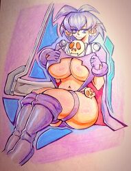 1girls blopkid boots cape clothing death_(magical_drop) female magical_drop pointy_ears purple_eyes purple_hair scythe skull_earrings solo suggestive thick_thighs traditional_drawing_(artwork) underboob underboob_shirt