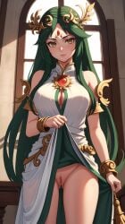 1girls ai_generated breast_window dress dress_lift fair_skin goddess gold_(metal) gold_eyes gold_jewelry green_hair hair_ornament jewelry kid_icarus kid_icarus_uprising legs looking_at_viewer medium_breasts no_panties palutena pussy pussy_exposed serious_look slim_waist very_long_hair white_dress window