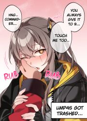 1boy 2d adorable bechu caressing_face cute female girls'_frontline hand_on_cheek hetero jealous_female scar_across_eye side_ponytail slight_blush tagme ump45_(girls'_frontline) wholesome