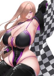 1girls alikap beauty_mark blonde_hair breasts checkered_flag clothed clothing female female_only flag flagpole gigantic_breasts happy light-skinned_female light_skin looking_at_viewer maria_kurumitsuki_(alikap) open_mouth original pink_eye race_queen revealing_clothes solo