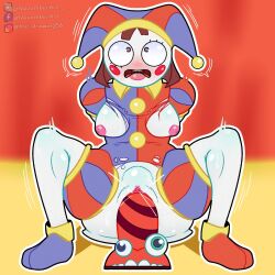 2023 2d artist_request blush breasts brown_hair dildo female glitch_productions gloves gooseworx jester jester_cap jester_costume jester_girl jester_hat jester_outfit looking_up masturbation nipples pomni pomni_(the_amazing_digital_circus) pussy sex_toy short_hair sitting_on_dildo small_breasts solo stomach_bulge the_amazing_digital_circus uncensored vaginal_penetration white_body