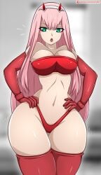 aqua_eyes armwear belly_button big_breasts big_thighs breasts busty camel_toe darling_in_the_franxx fair-skinned_female female huge_thighs large_thighs long_hair navel pink_hair red_bra red_clothing red_underwear thick_thighs thighhighs thighs voluptuous wide_hips zero_two_(darling_in_the_franxx) zonen404