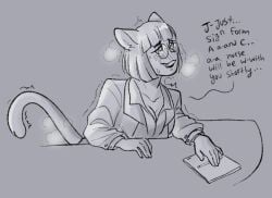 1girls animal_ears anthro anya_(ashtrayguts) ashtrayguts catgirl dialogue female furry glasses intentional_soiling office_lady omorashi public public_indecency scat_desperation suit suit_jacket tail