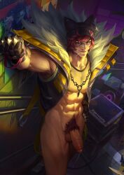 1boy 2023 balls bara barazoku big_balls big_penis clothing gay gonzojelly hairy hairy_male half-erect heartsteel_series heartsteel_sett hi_res highres league_of_legends looking_at_viewer male male_focus male_only male_pubic_hair manly muscular_male nude penis precum precum_drip red_hair riot_games sett solo solo_male yaoi