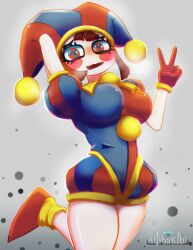 2023 2d 2d_(artwork) 2d_artwork artist_request blush breasts brown_hair female glitch_productions gloves gooseworx jester jester_cap jester_costume jester_girl jester_hat jester_outfit looking_at_viewer medium_breasts peace_sign pomni pomni_(the_amazing_digital_circus) short_hair the_amazing_digital_circus thick_thighs thighs white_body