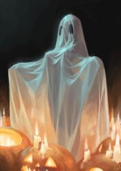 bedsheet_ghost big_breasts candles dark_background female ghost_costume ghost_girl halloween naked_costume nude_silhouette pumpkin see_through sheet_ghost thick_thighs wide_hips