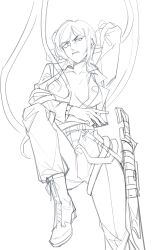 clothed clothed_female dubious_consent ear_clip female female_only limbus_company no_bra no_color outis_(limbus_company) project_moon reaching_for_weapon restrained restrained_by_tentacles senia_xxx tentacle watch weapon