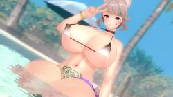 1girls bikini cat_ears genshin_impact gray_hair huge_breasts lynette_(genshin_impact) peace_sign pool short_hair solo star_tattoo taf4mad tagme