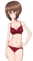 blush bra breasts brown_eyes brown_hair cleavage closed_mouth female girls_und_panzer hand_on_own_hip kayabakoro large_breasts lingerie looking_at_viewer navel nishizumi_maho panties red_bra red_panties short_hair solo