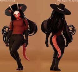 3d 3d_(artwork) 3d_model anthro ass barefoot big_feet black_hair cain_(itsthejq) cain_manavendra_miyake chimera claws clothed clothing curly_hair face_tattoo fangs feet full_body fully_clothed furry gradient_background hat hi_res horn horns itsthejq long_fingernails long_hair male model_sheet muscular_male pants pose posing purple_eyes red_body red_skin reference_image reference_sheet scalie self_upload short_sleeves simple_background slanted_eyes tail talon_hands talons thick thighs wide_hips