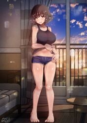 akiyama_yukari aquaegg bare_shoulders black_tank_top blue_shorts blush breasts brown_eyes brown_hair female full_body girls_und_panzer indoors large_breasts looking_at_viewer navel open_mouth short_hair shorts smile solo standing tank_top window