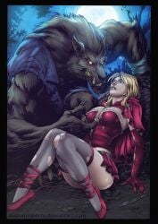 1girls blonde_hair cedric_humbert diabolumberto diego_bernard ed_benes_studio full_moon human interspecies knife little_red_riding_hood outdoors red_riding_hood tagme tearing_clothes weapon werewolf