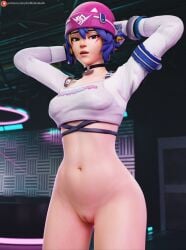 3d antifragile_kira-kira belly black_choker blizzard_entertainment bottomless choker darkbahamuth kiriko_(overwatch) kiriko_kamori le_sserafim overwatch overwatch_2 pinup pose pussy solo tagme