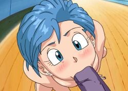 1boy 1girls anthro anthro_on_human areolae beerus blue_eyes blue_hair blush breasts bulma_briefs dragon_ball dragon_ball_super fellatio female furry innerfiire kneeling male nipples oral penis purple_skin short_hair source_request straight veiny_penis