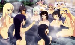 10s 2015 6+girls absurdres angry ass asuka_(senran_kagura) black_hair blonde_hair breasts brown_hair butt_crack closed_eyes dark-skinned_female dark_skin female_focus haruka_(senran_kagura) hibari_(senran_kagura) highres homura_(senran_kagura) ikaruga_(senran_kagura) kagura_(senran_kagura) katsuragi_(senran_kagura) large_breasts long_hair marvelous mirai_(senran_kagura) multiple_girls naraku_(senran_kagura) nude official_art onsen pink_hair saliva senran_kagura senran_kagura_2_deep_crimson sitting smile water white_hair yaegashi_nan yagyuu_(senran_kagura) yomi_(senran_kagura)