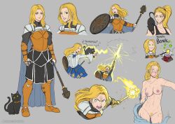 armored_female blonde_hair blonde_pubic_hair elaina_dragonsbane_(keltardevir) embarrassed_nude_female luisocsilustr muscular_female original_character pale-skinned_female pubic_hair reference_sheet sketch_page