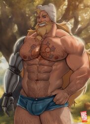 adventure_time balls bara beard blonde_hair body_hair bulge cybernetic_arm doctor_anfelo facial_hair finn_the_human fionna_and_cake jorts male male_only muscles muscular penis prosthetic_arm shirtless shorts solo solo_male tattoo tattoo_on_chest