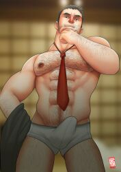 balls bara body_hair boner bulge cigarette doctor_anfelo dojima_ryotaro erection erection_under_clothes male male_only muscles muscular necktie penis persona persona_4 solo solo_male tie underwear