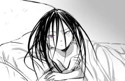 1other ahoge ambiguous_gender bed bedsheets black_hair blanket blush collarbone cute envy_(fma) fullmetal_alchemist gender_request homunculus in_bed intimate light_blush long_hair looking_at_viewer lowres lying messy_hair non-web_source pillow pov purple_eyes sharing_bed sheet_grab under_covers