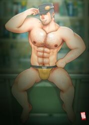 balls bara baseball_cap body_hair bulge doctor_anfelo iwai_munehisa jockstrap jockstrap_only male male_only muscles muscular penis persona persona_5 solo solo_male spread_legs