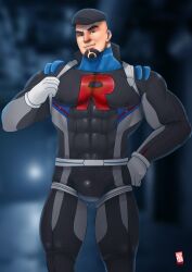 balls bara bulge cliff_(pokemon) doctor_anfelo facial_hair fully_clothed male male_only muscles muscular nintendo penis pokemon solo solo_male team_rocket