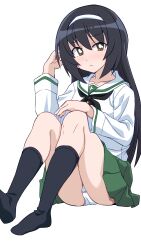 black_hair black_neckerchief black_socks blouse blush bright_pupils brown_eyes closed_mouth crotch_seam female frown girls_und_panzer green_skirt hairband hand_in_own_hair long_hair long_sleeves looking_at_viewer miniskirt neckerchief no_shoes ooarai_school_uniform panties pantyshot pleated_skirt ponzu_rui reizei_mako sailor_collar school_uniform serafuku shirt simple_background sitting skirt socks solo underwear white_background white_hairband white_panties white_pupils white_sailor_collar white_shirt