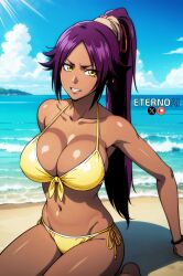 ai_generated babe beach big_breasts bleach breasts dark_skinned_female eternoai female female_only grim_reaper nai_diffusion ponytail relaxed relaxing sand sea shihouin_yoruichi shinigami sitting sitting_on_knees smile smiling_at_viewer solo stable_diffusion swimsuit tagme voluptuous voluptuous_female waifu waves woman