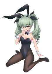 anchovy_(girls_und_panzer) black_leotard blush breasts brown_pantyhose bunny_ears cleavage covered_navel drill_hair fake_animal_ears female girls_und_panzer green_hair hair_ribbon large_breasts leotard long_hair looking_at_viewer nijizuki_shino open_mouth pantyhose playboy_bunny red_eyes sitting smile solo twin_drills