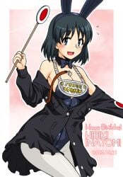 animal_ears between_breasts birthday black_dress black_eyes black_hair blue_leotard bob_cut breasts chain_necklace character_name clothes_pull cowboy_shot dated dress dress_pull english_text fake_animal_ears female flying_sweatdrops girls_und_panzer gorget happy_birthday holding holding_sign inatomi_hibiki japanese_tankery_league_judge_uniform jewelry judge leotard leotard_under_clothes long_sleeves looking_at_viewer medallion medium_breasts necklace off_shoulder oosaka_kanagawa open_mouth pantyhose partially_unbuttoned playboy_bunny rabbit_ears short_dress short_hair sign smile solo standing strapless strapless_leotard uniform whistle white_pantyhose