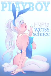 blue_eyes bunny_ears bunny_girl bunny_tail bunnysuit cityclitties long_hair magazine magazine_cover nail_polish playboy playboy_bunny rwby small_breasts thigh_highs weiss_schnee white_hair