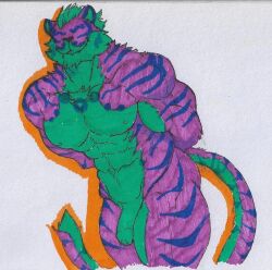 anthro barazoku collar felid feline felis genitals hi_res lin_hu male male_focus male_only mammal muscular muscular_anthro muscular_male nekojishi nipples pantherine penis pinumontbalou simple_background smile smiling_at_viewer stripes studio_klondike tail tiger