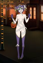 an_hydrolyst bandage blue_eyes candy female halloween humanized mirage_(warframe) mirage_prime_(warframe) mummy_costume mummy_wrappings nipples pink_nipples purple_hair purple_legwear warframe