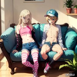 2boys 2femboys ai_generated baseball_cap black_jacket black_socks blonde_hair blue_cap blue_eyes blue_sofa brothers cap converse_shoes crossdressing crossdressing_male enjuuji evil_grin femboy femboy_only feminine_male ferdinando_agnello giuliano_agnello hat indoors jean_shorts long_hair looking_at_viewer male male_only open_shirt open_shorts otoko_no_ko otokonoko pale-skinned_femboy pale-skinned_male pink_shoes pink_topwear plant plant_pot short_hair short_shorts shorts small_room socks sofa stockings striped_legwear striped_stockings sunlight topwear twin_brothers twins unbuttoned_shirt watermark white_shirt wooden_floor