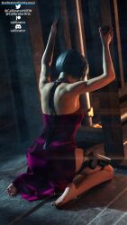 3d ada_wong arms_up back black_hair calibrator calves clothed clothing dark_hair dress feet fit_female kneeling legs pinup pose resident_evil thighs