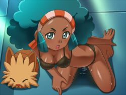 1girls afro awa bird's-eye_view blue_eyes blue_hair bra breasts canine cleavage dark-skinned_female dark_skin lenora_(pokemon) lillipup lingerie looking_at_viewer lowres open_mouth panties pokemon pussy_juice