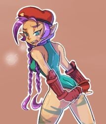 1girls ass beret blue_eyes breasts cammy_white_(cosplay) cosplay drawfag fingerless_gloves gloves green_leotard leotard looking_at_viewer medium_breasts purple_hair shantae shantae_(character) street_fighter twin_braids