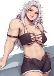 1girls abs adonis_belt arm_support biceps blush breasts cleavage collarbone dorohedoro hearts large_breasts long_hair looking_at_viewer muscular muscular_arms muscular_female navel noi_(dorohedoro) parted_lips red_eyes signature simple_background smile solo speedl00ver underboob unzipped veins white_background white_hair