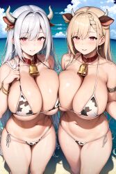 2girls ai_generated ai_love_higokko animal_ears beach blonde_hair breasts cow_ears cow_girl cow_horns cow_print female high_resolution hips holaraai huge_breasts kemonomimi light-skinned_female light_skin massive_breasts original original_character outdoors red_eyes thick_thighs thighs voluptuous white_hair wide_hips