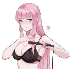 1girls black_bra bow bow_bra bra breasts damobelmont hair_straightener hololive hololive_english hololive_myth large_breasts long_hair looking_at_viewer mori_calliope painted_fingernails pink_eyes pink_hair virtual_youtuber