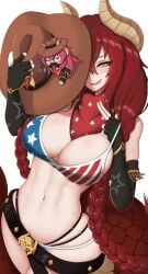 1girls american_flag american_flag_bikini american_flag_swimsuit belly_button belt bikini breasts cowboy_hat dragon_girl dragon_horns dragon_tail elbow_gloves fan_mascot_(vtuber) fingerless_gloves gecko_(zentreya) gloves hat holding_hat horns large_breasts light-skinned_female light_skin looking_at_viewer midriff navel puroppa red_hair scarf swimsuit tail twin_braids virtual_youtuber vshojo yellow_eyes zentreya