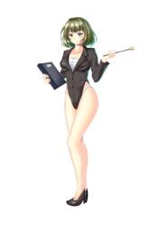 1girls ame_isshiki black_leotard blue_eyes breasts brown_hair folder green_eyes heterochromia high_heels holding_folder holding_pointer idolmaster idolmaster_cinderella_girls large_breasts leotard looking_at_viewer mole mole_under_eye office_lady pointer short_hair suit takagaki_kaede transparent_background