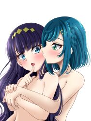 2girls black_hair blue_eyes blue_hair blush cheek_kiss delicious_party_precure female female_only fuwa_kokone green_eyes hugging_from_behind kasai_amane light-skinned_female naked nude opeletaaa precure pretty_cure white_background yuri