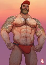 balls bara baseball_cap beard body_hair bulge doctor_anfelo facial_hair male male_only muscles muscular penis solo solo_male tattoo tattoos