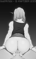 1boy 1girls 2d 2d_(artwork) android_18 ass black_and_white cowgirl_position dragon_ball female light_skinned_female light_skinned_male looking_away male male/female partially_clothed shadrysea tagme