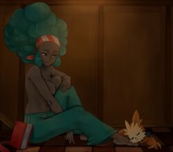 1girls afro book breasts canine casual_nudity casual_topless dark-skinned_female feet half_naked lenora_(pokemon) lillipup madarame_(artist) nonsexual_nudity pokémon_(species) pokemon pokemon_(species) sleeping traditional_media_(artwork) wholesome